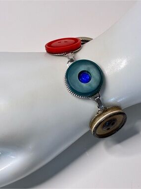 Handmade VTG Button Link Bracelet with Teal, Red and Brass Accents
